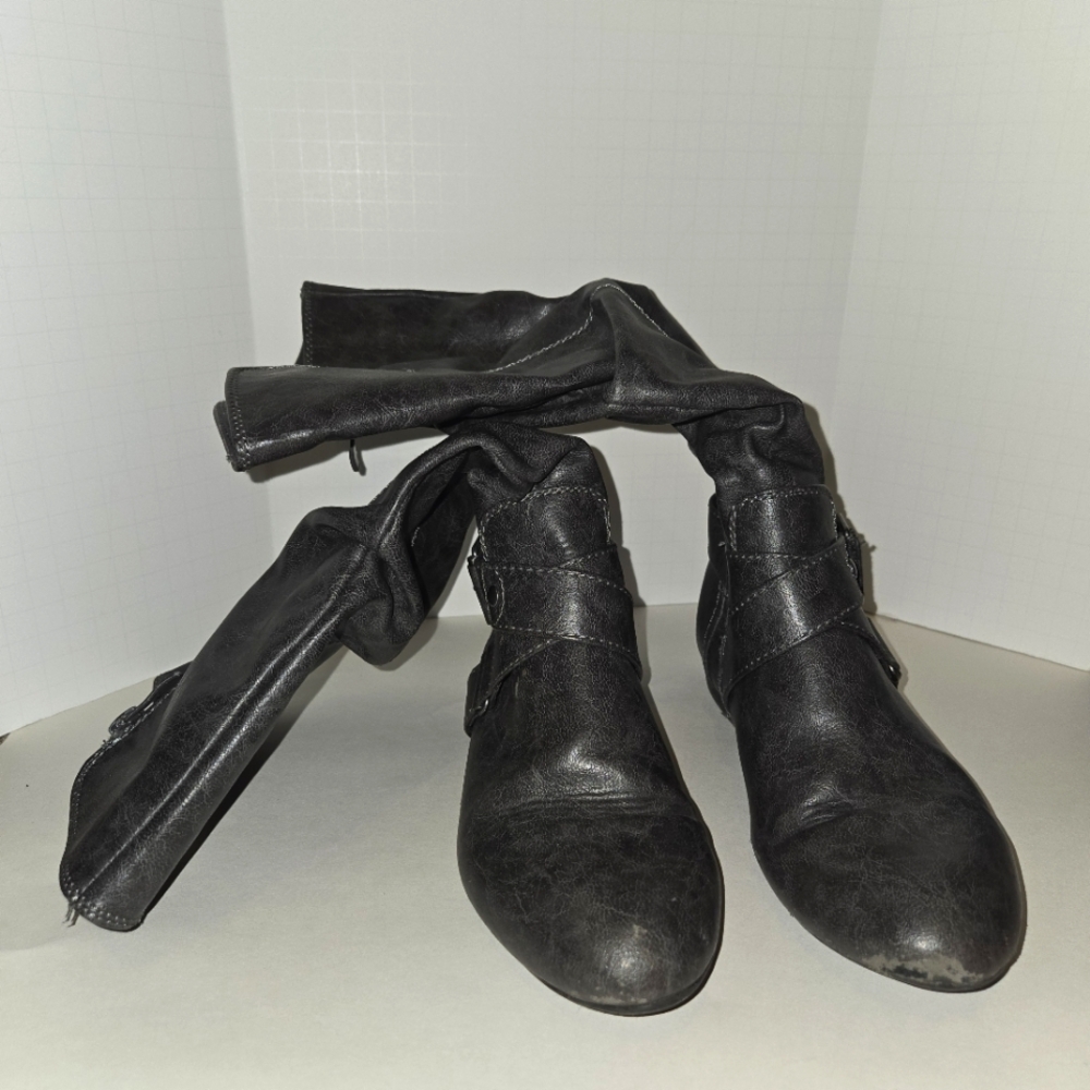 Gray Calf-Length Faux Leather Boots
